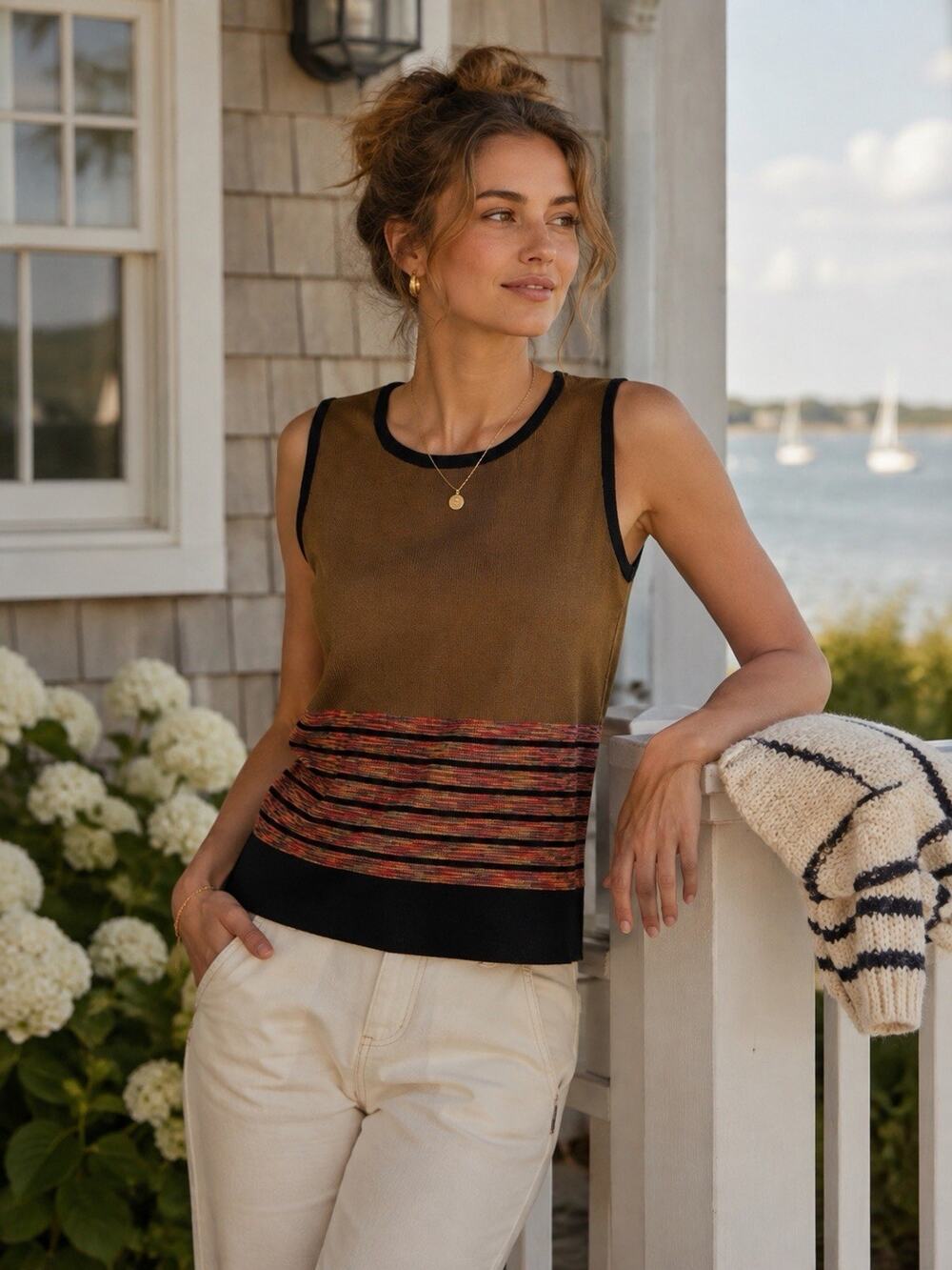 Exclusively Misook Brown Striped Knit Tank Top Heritage Preppy Sz Petite Medium